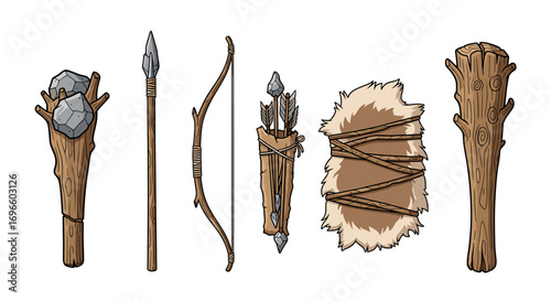 Cartoon Stone Age Toolkit: Weapons, Armor, and Hunting Equipment Illustration