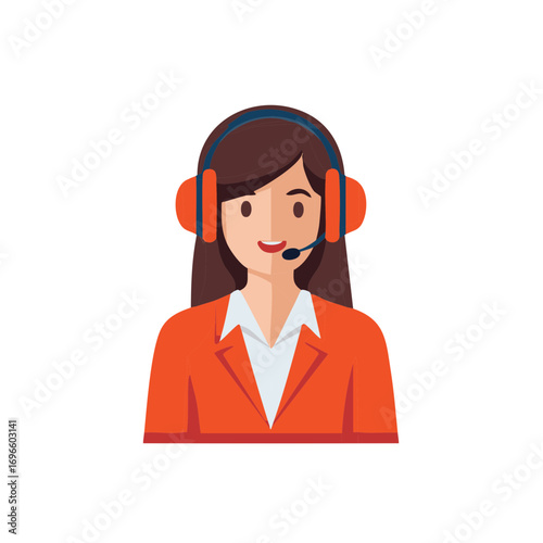 Female customer service representative wearing headset with orange jacket