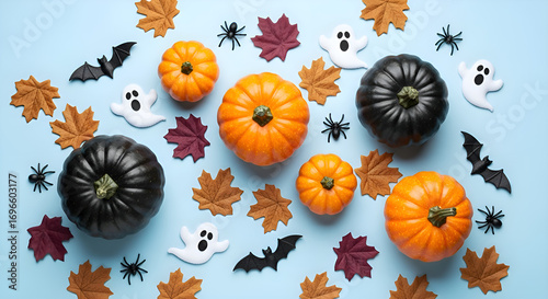 Festive halloween flat lay with pumpkins, bats, ghosts, spiders, and autumn leaves on a blue background