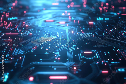 A computer chip with blue and red lights