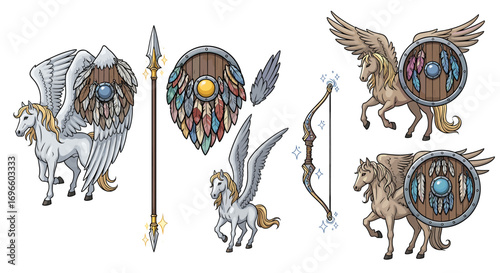 Majestic Pegasus Warriors: Fantasy Illustration of Mythical Creatures and Armaments