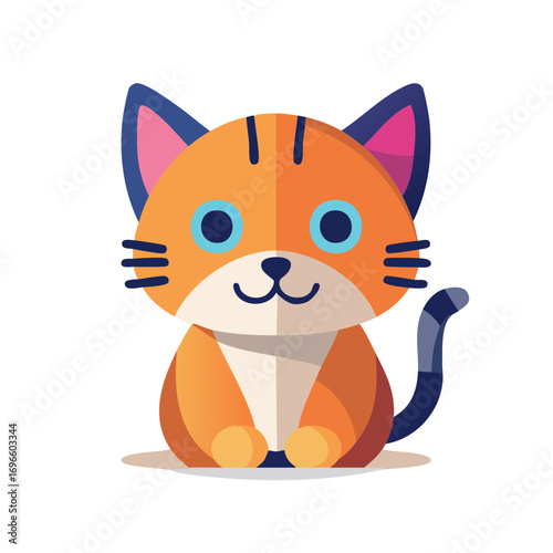 Cartoon Orange Cat Smiling with Blue Eyes and Striped Tail Illustration