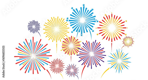 Vector illustration with stylized fireworks in red, yellow, and blue on a clean white background creating festive atmosphere