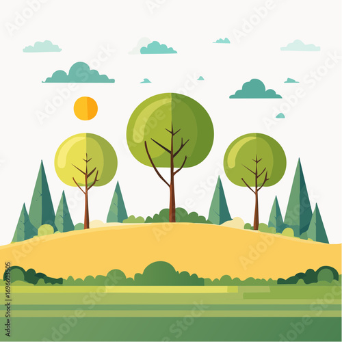 Stylized Landscape with Trees Hills Clouds and a Yellow Sun