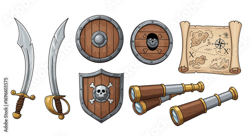 Pirate Adventure: Swords, Shields, Map, and Telescopes Isolated on White