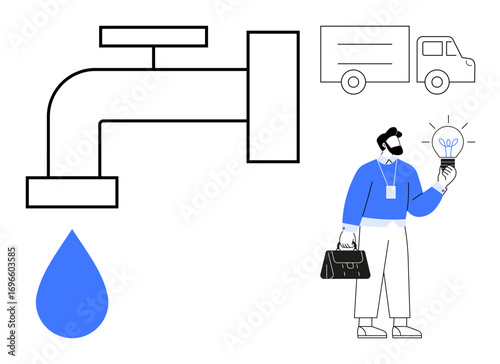 Engineer holding light bulb next to blue water drop and faucet with delivery truck. Ideal for water conservation, innovation, logistics, engineering, sustainability, energy efficiency, clean water