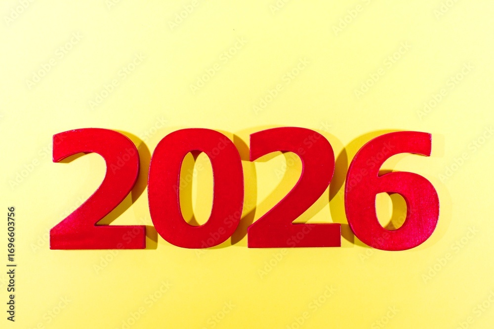 The numbers 2026 in red on a yellow background  to celebrate New Year's Eve.