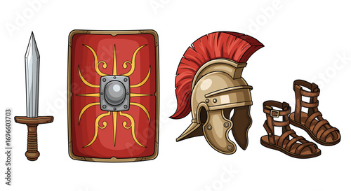 Roman Legionary Equipment Set Isolated Against White Backdrop, Cartoon Style