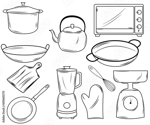Hand drawn doodle set of kitchen items. Vector illustration