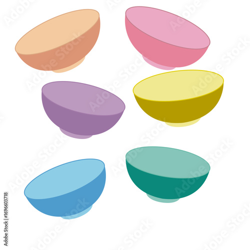colorful bowls, vector icon. Glass, ceramic, porcelain dishes are displayed in a row.