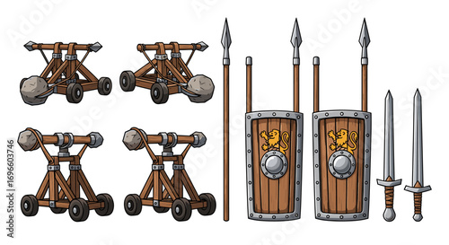 Medieval Siege Weapons and Warrior Equipment Illustration for Game Assets