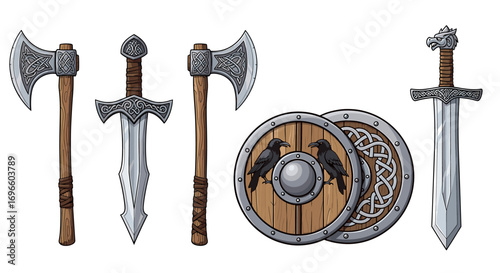 Assortment of Viking weapons, including axes, swords, and raven shields