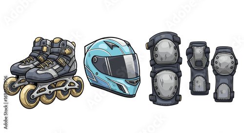 Rollerblades, helmet, and protective gear for inline skating safety.