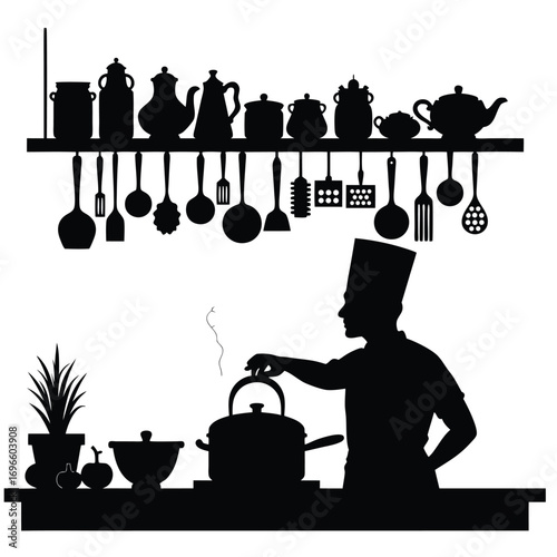 Chef stirring pot on stove in kitchen silhouette cooking