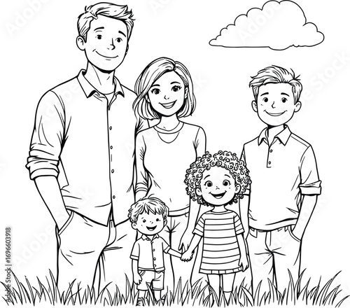 Black and white illustration of a family with parents and children standing outdoors, hand-drawn style for design and decor
