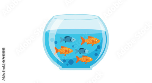 Stylized fishbowl illustration with orange and blue fish swimming amidst bubbles in clear water  artistic design