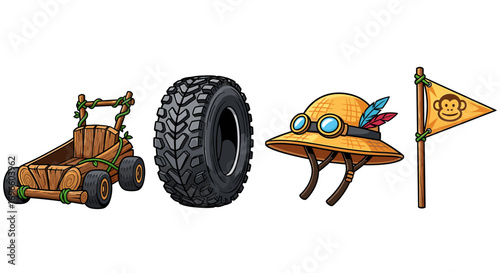 Cartoon Vehicle Parts Featuring a Jungle Theme and Bold Lineart