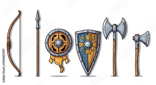 Medieval weapons showcase: Bow, spear, shield and axes collection