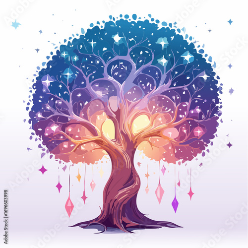 Mystical Tree with Starry Canopy and Dangling Gemstone Ornaments