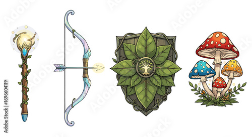 Enchanted Forest Arsenal: Magical Staff, Rainbow Bow, Shield, and Colorful Mushrooms