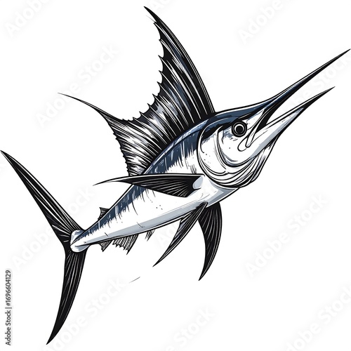 Striking marlin in flight