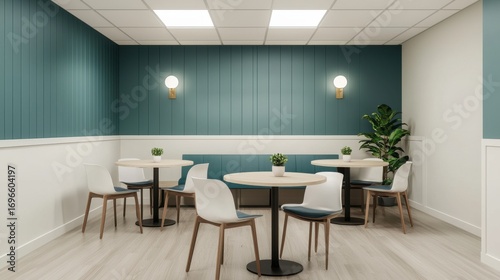 A modern, minimalistic interior featuring teal walls, round tables, white chairs, and a potted plant, creating a cozy atmosphere.