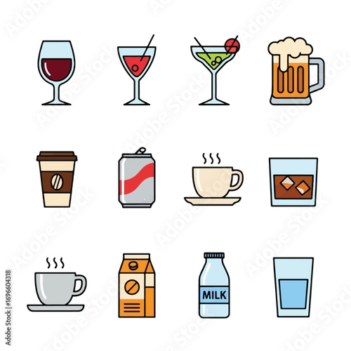 Four different types of coffee drinks and a coffee maker, presented in a flat design.