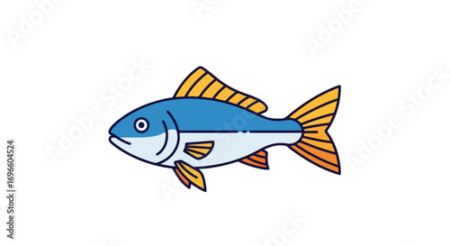 Simple vector illustration featuring a blue and yellow fish swimming gracefully against a clean white backdrop suitable for diverse designs