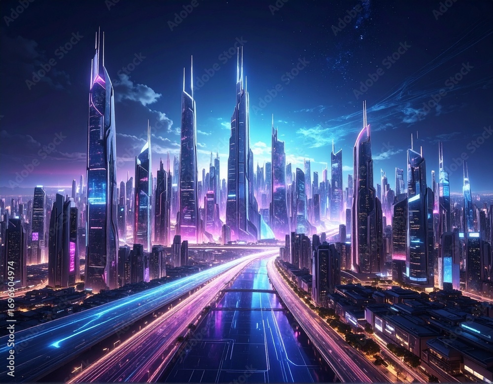 Fototapeta premium Futuristic Metropolis Illuminated by Flowing Energy Streams at Night