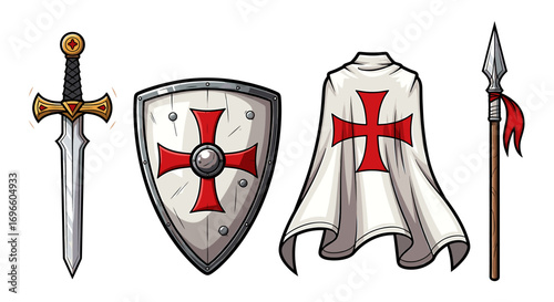Cartoon Crusader Weapons: Sword, Shield, Cape and Spear Vector Set