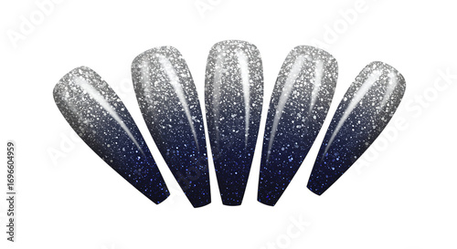 five gradient nails with glitter effect on transparent background