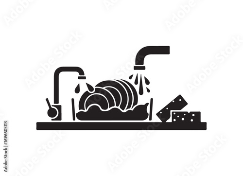 Kitchen sink dishes washing faucet water spraying sponge cleaning household chores