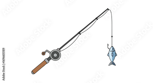 Simple fishing rod illustration with hooked fish against a white background for recreational activities