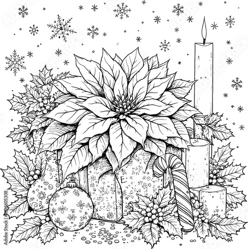 Christmas illustration with poinsettia, holly, candles, ornaments, gift box, candy cane, and snowflakes in black and white