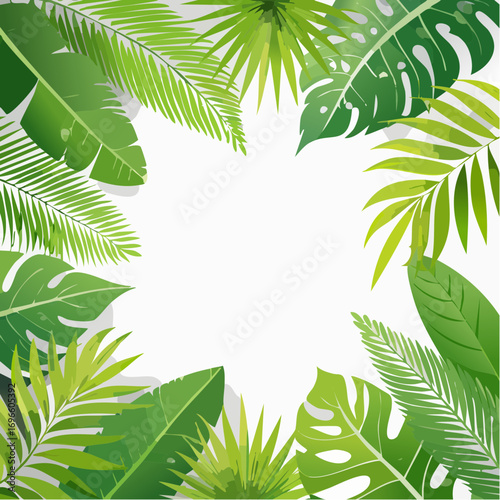 Tropical Foliage Frame Assorted Green and White Leaves Bordering Empty Space