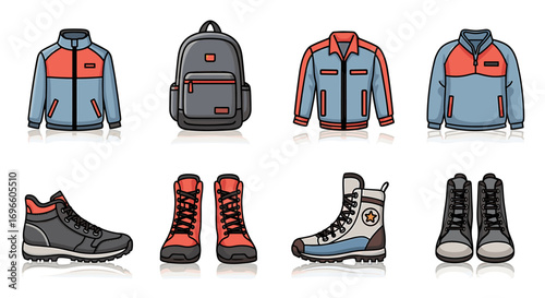 Collection of hiking clothes and gear, vector illustration on white