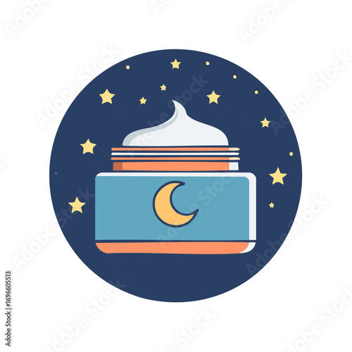 Cosmetic Night Cream Jar with Crescent Moon and Sparkling Stars for Evening Skincare Routine Beauty Product Illustration