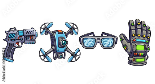 Cartoonish futuristic gadgets and accessories isolated on a clean white background.