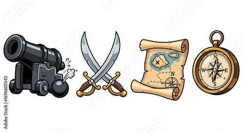 Cartoon Pirate Adventures: Cannon, Swords, Map, and Compass Treasures Await!