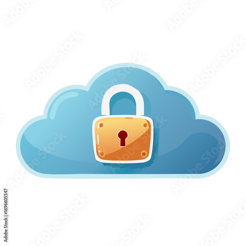 Cloud Computing Security Cartoon Concept With Golden Padlock Protecting Data on Blue Cloud