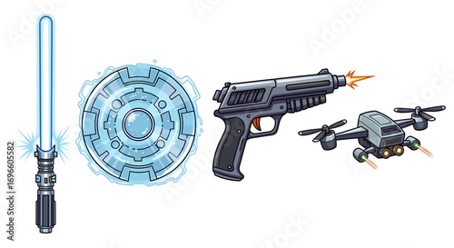 Futuristic Arsenal: Cartoon Light Saber, Shield, Gun, and Combat Drone