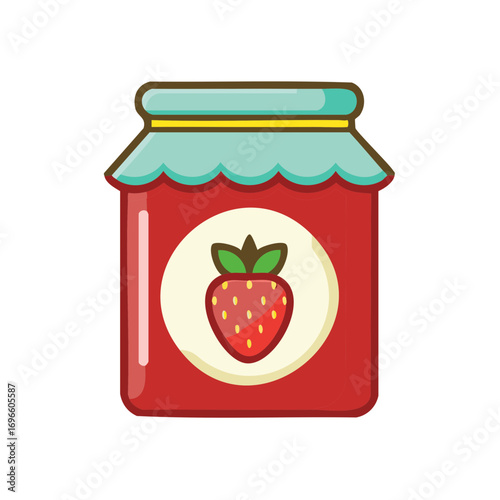 Cartoon illustration of a strawberry jam jar with a fruit label