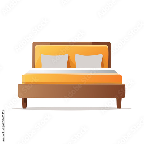 Stylized double bed with bright orange sheets and grey pillows for bedroom comfort