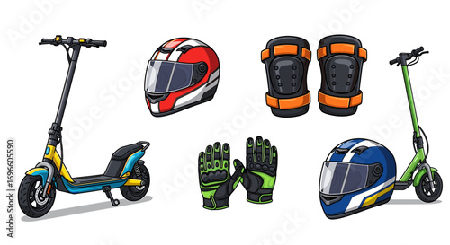 Electric scooters and safety gear illustration on white background