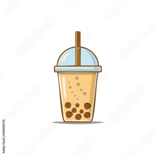 Cartoon Boba Tea Illustration in a Plastic Cup with a Straw Pearl Milk Tea Vector