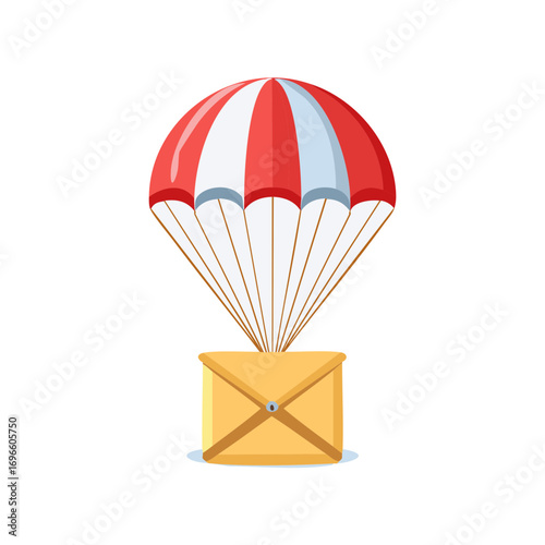 Mail delivery by parachute with a red and white canopy and a yellow envelope
