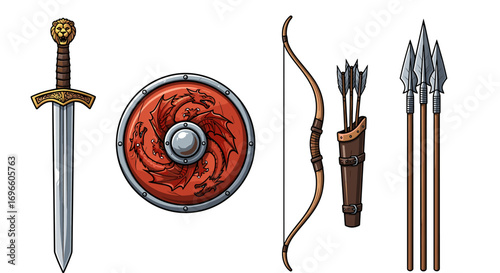 Fantasy Weapons Set: Sword, Shield, Bow, Arrows, and Spears Ready for Battle