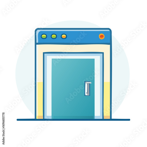 Stylized blue doorway with illuminated controls and handle illustration