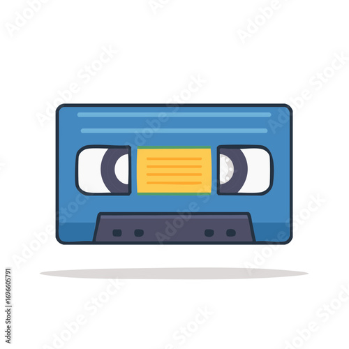 Blue VHS video cassette tape with yellow label old technology flat design illustration