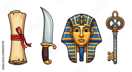 Cartoon Egyptian artifacts featuring a scroll, knife, pharaoh mask, and key.